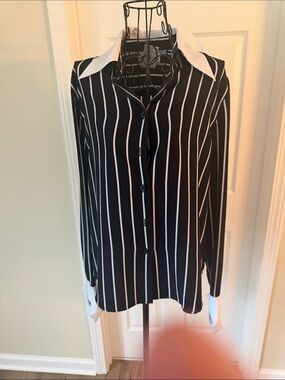 Fred David Black Button-Down Shirt with White Pinstripes and White Collar